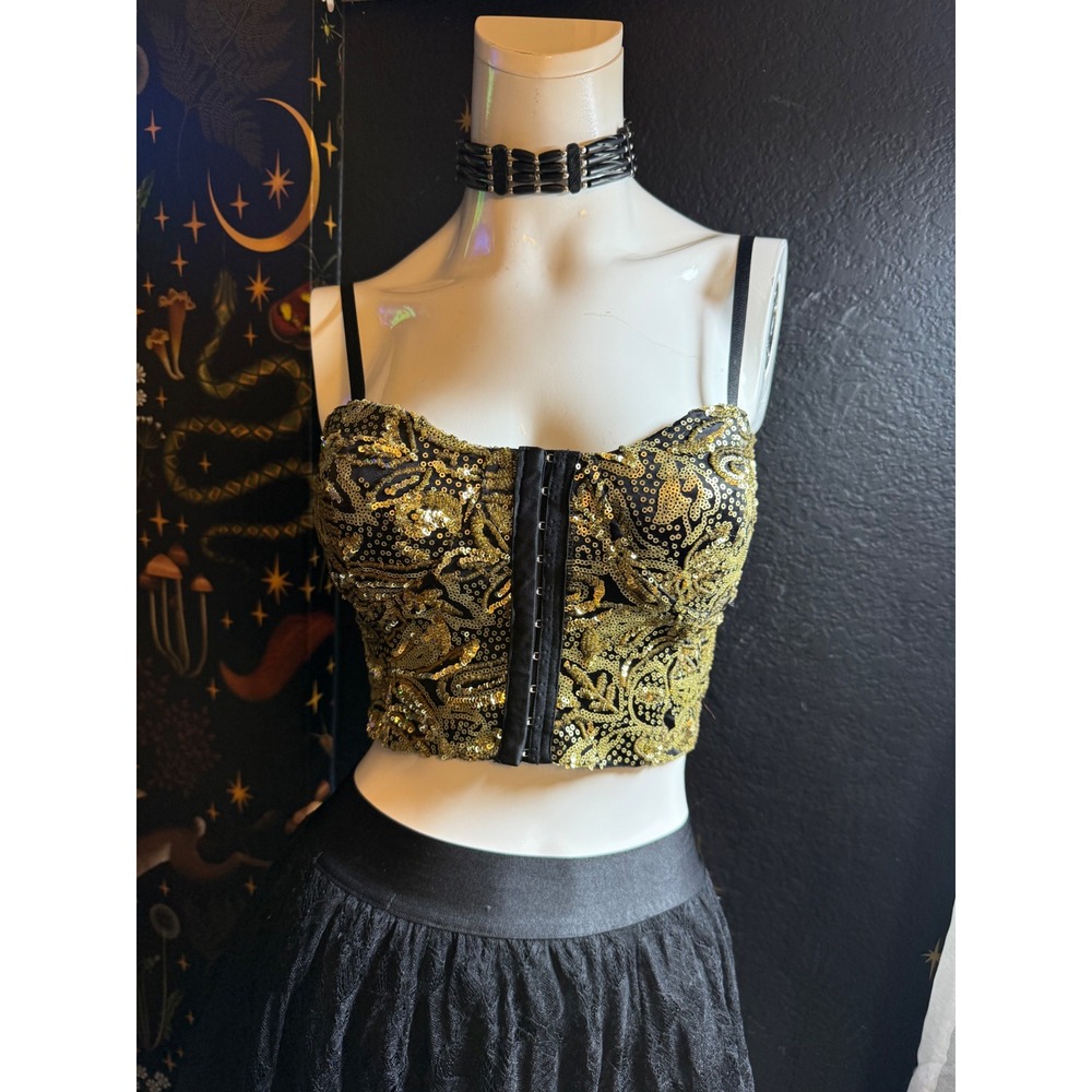 Arden B Gold Sequin Corset Top Black Bustier Cropped Hook Eye Small